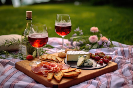 wine glasses and charcuterie board on picnic blanket, created with generative aiの素材