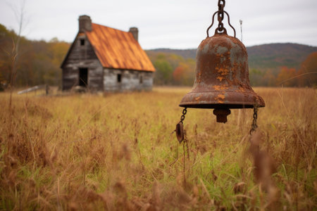 rust-covered antique farm bell in a rural setting, created with generative aiの素材