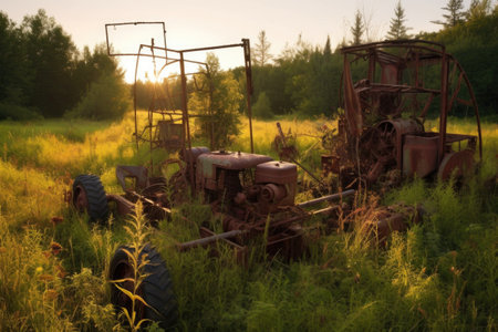 rusted-out farm equipment in overgrown field, created with generative aiの素材