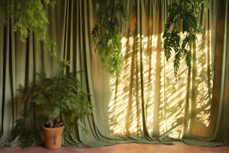 shadow of hanging plant leaves on a curtain, created with generative aiの素材