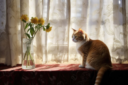 shadow of a cat stretching on windowsill behind curtain, created with generative aiの素材