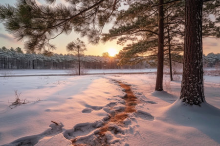 footprints in the snow leading to a pine tree, created with generative aiの素材