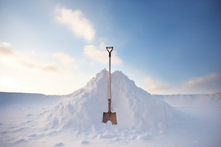 shovel standing upright in a snow pile, created with generative aiの素材