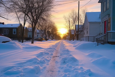 freshly shoveled snowy sidewalk with footprints, created with generative aiの素材