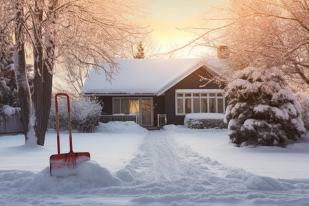 shovel next to a snowman in progress, created with generative aiの素材