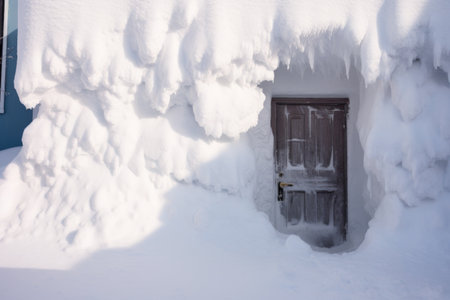 snowdrift covering a door with visible keyhole, created with generative aiの素材