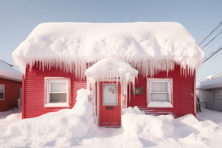 snowdrift covering a bright red door of a cozy house, created with generative aiの素材