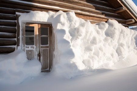 snowdrift blocking a rustic wooden cabin door, created with generative aiの素材