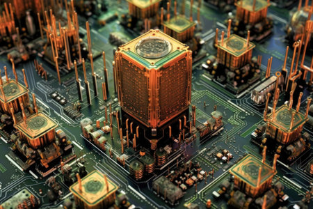 microscopic view of spacecraft circuit boards, created with generative aiの素材