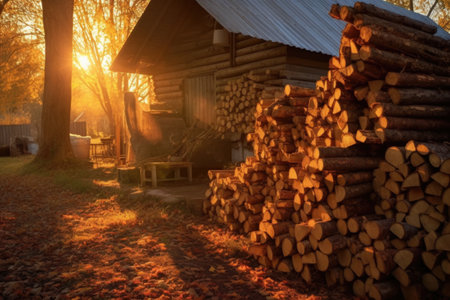 stack of firewood with golden sunlight, created with generative aiの素材