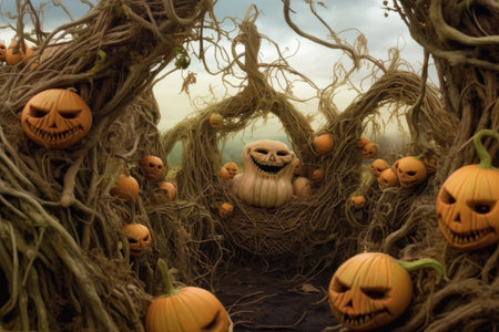 pumpkin patch with twisted vines and sinister faces, created with generative aiの素材