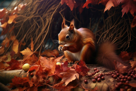 squirrel burying nuts in autumn leaves, created with generative aiの素材