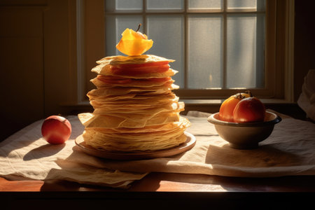 morning sunlight illuminating tortilla stack, created with generative aiの素材
