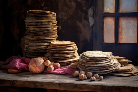 stack of tortillas with a rustic wooden backdrop, created with generative aiの素材