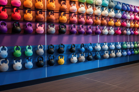array of colorful kettlebells in a fitness center, created with generative aiの素材