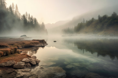 misty morning at a serene geothermal lake, created with generative aiの素材