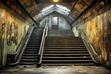 subway station stairway leading to exit, created with generative aiの素材