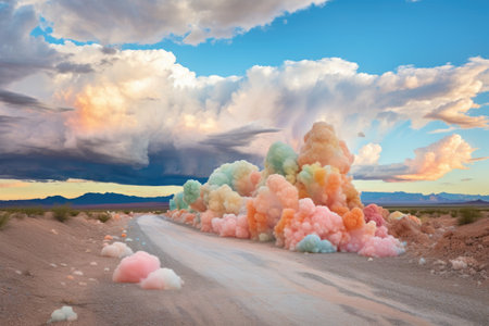 colorful clouds descending upon a desert, created with generative aiの素材