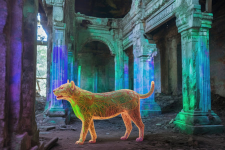 holographic animals roaming through ruins, created with generative aiの素材