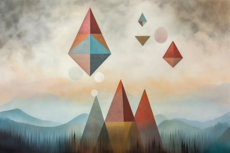 floating geometric shapes over a misty landscape, created with generative aiの素材