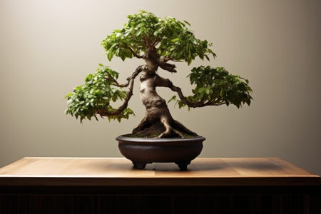 bonsai tree with freshly cut branches on table, created with generative aiの素材