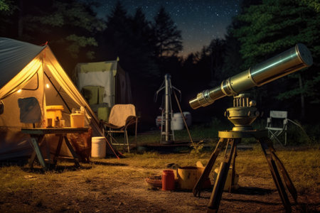 telescope set up near camping site at night, created with generative aiの素材