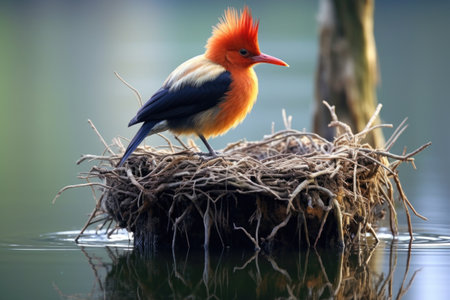 beautiful rare bird perched on a nest in a wetland, created with generative aiの素材