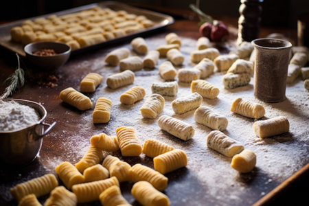 hand-rolled gnocchi on a floured surface, created with generative aiの素材