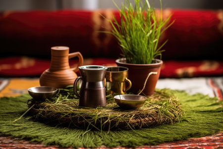 ethiopian coffee ceremony setup with traditional grass mat and pot, created with generative aiの素材