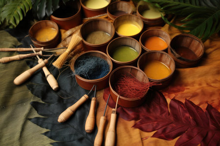 natural dyes and tools for tapa cloth coloring, created with generative aiの素材