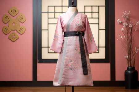 traditional korean hanbok displayed on a mannequin, created with generative aiの素材