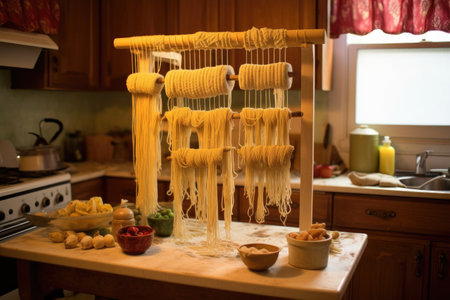 pasta drying on a wooden rack in the kitchen, created with generative aiの素材