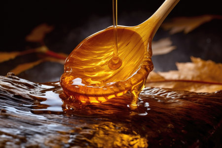 close-up of golden maple syrup dripping off a wooden spoon, created with generative aiの素材