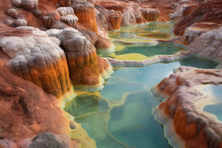 colorful mineral deposits surrounding thermal pool, created with generative aiの素材