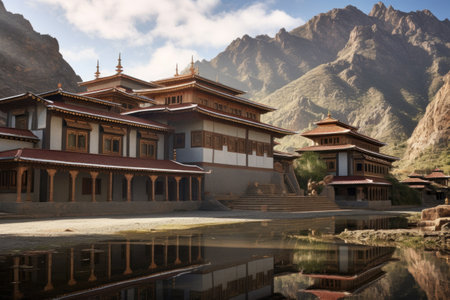 traditional tibetan architecture of a serene mountain monastery, created with generative aiの素材
