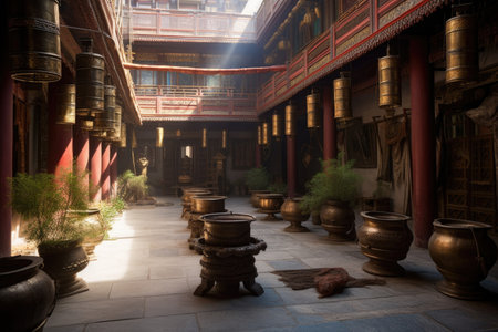 monastery courtyard with prayer wheels and incense, created with generative aiの素材