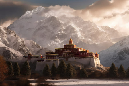 snow-capped mountain backdrop behind a serene monastery, created with generative aiの素材