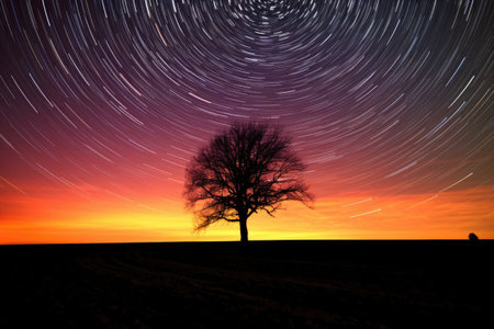 star trails surrounding the silhouette of a lone tree in a field, created with generative aiの素材