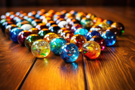 colorful glass marbles on a wooden surface, created with generative aiの素材