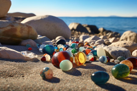 glass marbles scattered on a sandy beach near the water, created with generative aiの素材