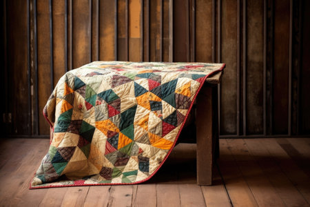 vintage quilt folded neatly on rustic table, created with generative aiの素材