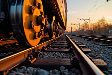 close-up of train wheels on tracks at dawn, created with generative aiの素材
