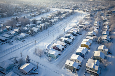 aerial view of unplowed suburban streets after snowfall, created with generative aiの素材