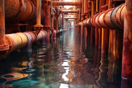 close-up of nutrient-rich water flowing through pipes, created with generative aiの素材
