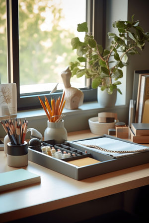 organized desk with minimalist office supplies, created with generative aiの素材