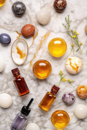 set of natural skincare products on a marble surface, created with generative aiの素材
