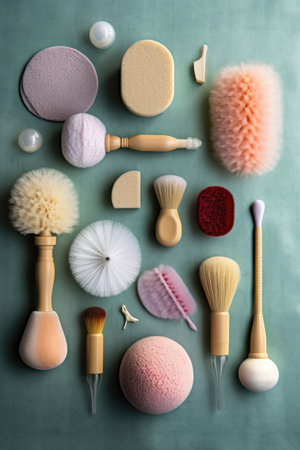 flat lay of spa accessories: brushes, loofahs, and sponges, created with generative aiの素材