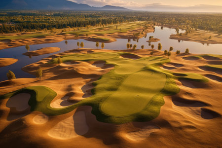 aerial view of a pristine golf course with sand bunkers, created with generative aiの素材
