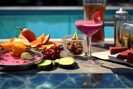 close-up of cosmopolitan ingredients on poolside bar, created with generative aiの素材