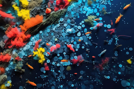 aerial view of microplastics clustering together under microscope, created with generative aiの素材